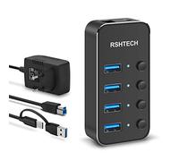 RSHTECH Hub USB 3.0/USB C Alimentato a 4 Porte, Alluminio Hub USB con Alimentazione 10W(5V/2A), cavo Dati Ibrido 2 in 1 (Type A/Type-C) e Interruttore Indipendente USB Hub, RSH-ST04