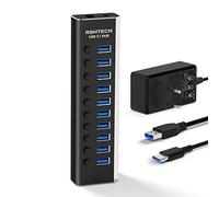 RSHTECH Hub USB Attivo 3.0 con Alimentatore 10Gbps 10 Porte USB 3.1 in Alluminio Hub con 2 Cavi (Cavo Tipo C e Tipo A), Interruttori di LED e Adattatore di Alimentazione 36W(12V/3A), RSH-A10S