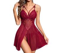 RSLOVE Babydoll Donna Sexy Camicia da Notte in Pizzo Mini Abito Rosso Vino M