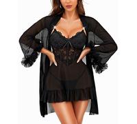RSLOVE Set di lingerie sexy da donna, in pizzo, babydoll con vestaglia, 2 pezzi, camicia da notte, Nero , S