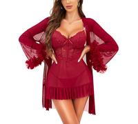 RSLOVE Set di lingerie sexy da donna, in pizzo, babydoll con vestaglia, 2 pezzi, camicia da notte, Vinaccia, S