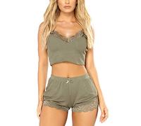 RSLOVE Set di Pigiama Donna in Pizzo Camisole con Scollo a V e Senza Maniche PJ Set da Notte Olivo S