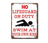 RSPYOAG Targa in metallo con scritta divertente in lingua inglese "No Lifeguard is On Duty Swim at Your Own Risk", decorazione per piscina, spiaggia, lago, parco acquatico, 30,5 x 40,6 cm
