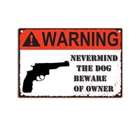 RSPYOAG Targa vintage in latta con scritta "Warning Nevermind The Dog Beware of Owner Bar" per decorare la parete del bagno, 20,3 x 30,5 cm, targa in latta