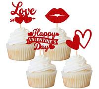 Rsstarxi 24 decorazioni per cupcake rossi con glitter "Happy Valentine's Day", con doppio cuore, a tema di San Valentino, per festa di compleanno