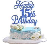 Rsstarxi Confezione da 1 topper per torta Happy 15th Birthday Glitter 15 & Favolosi saluti a 15 anni di compleanno per celebrare il 15th Birthday Anniversary Party Cake Decoration Supplies Deep Blue