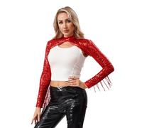 Rswnyirn Bolero da donna a maniche lunghe corte Shrug, top con paillettes con colletto alto, nappe, festa a tema, festival, Colore: rosso, 3XL