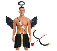 Rswnyirn Costume da angelo da uomo, 5 pezzi, gonna con ali, alone, freccia e arco, dio dell'amore, costume per San Valentino, nero, L