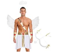 Rswnyirn Costume da angelo da uomo, 5 pezzi, gonna con ali, alone, freccia e arco, dio dell'amore, costume da cupido, San Valentino, bianco, L