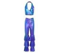 Rswnyirn Costume da discoteca da donna, per feste e hippe, in metallo, con allacciatura al collo, con volant, per la danza di Capodanno, colore blu, XL