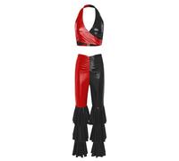 Rswnyirn Costume da discoteca da donna, per feste e hippe, in metallo, con allacciatura al collo, con volant, per la danza di Capodanno, colore rosso e nero, M