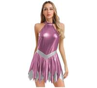 Rswnyirn Costume da donna a forma di fata della foresta, verde, rosa, lucido, senza maniche, con allacciatura al collo, per cosplay, carnevale, rosa, XL