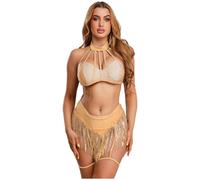 Rswnyirn Costume da donna con glitter per danza del ventre, in due pezzi, per danza e ballo, con nappe, per palcoscenici, feste, nude, S