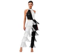 Rswnyirn Tuta da donna lucida, senza maniche, lunga, con paillette, con frange, vintage, da discoteca, colore bianco, L