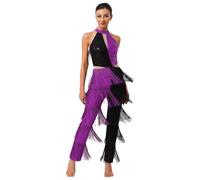 Rswnyirn Tuta da donna lucida, senza maniche, lunga, con paillette, con frange, vintage, da discoteca, colore viola, S