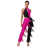 Rswnyirn Tuta da donna lucida, senza maniche, lunga, con paillette, con frange, vintage, da discoteca, rosa caldo, M