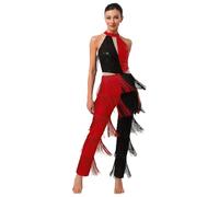 Rswnyirn Tuta da donna lucida, senza maniche, lunga, con paillette, con frange, vintage, da discoteca, rosso, XL