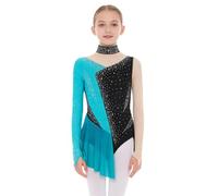 Rswnyirn Vestito da ragazza pattinaggio artistico con glitter abito da zucca a maniche lunghe abito da ballo blocco di colore vestito maglia elegante bambini competizione aspetto vestiti, Azzurro, 122