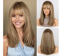 RSY Parrucca di capelli umani da donna, capelli lisci con frangia, 40,6 cm, colore castano cenere, parrucche con capelli veri