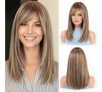RSY Parrucca di capelli umani lisci biondi misti castani sfumati, da donna, lunghezza alle spalle e a strati, con frangia, per uso quotidiano e feste
