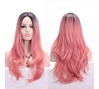 RTGFS Anime Parte centrale Radice scura Nero Rosa Blu Viola Parrucca Ombre Capelli sintetici Lunghi capelli ondulati Parrucche Cosplay Fibra ad alta temperatura rosa