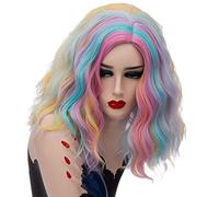 RTGFS Parrucca arcobaleno colorato ondulato corto da 14 pollici Capelli sintetici Costume di Halloween Anime Cosplay Arancione Ombre Parrucche per le donne colorate