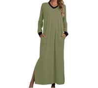 RTHLEQIEE Camicie da Notte Donna Manica Lunga Scollo a V - Pigiama Morbido e Ampio con 2 Tasche Laterali, Ideale per Una Notte Comoda(Army Green,XXL)