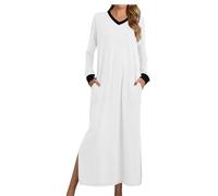 RTHLEQIEE Camicie da Notte Donna Manica Lunga Scollo a V - Pigiama Morbido e Ampio con 2 Tasche Laterali, Ideale per Una Notte Comoda(White,M)