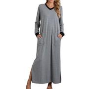 RTHLEQIEE Camicie da Notte Donna Manica Lunga Scollo a V - Pigiama Morbido e Ampio con 2 Tasche Laterali, Ideale per Una Notte Comoda(Silver Gray,S)