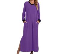 RTHLEQIEE Camicie da Notte Donna Manica Lunga Scollo a V - Pigiama Morbido e Ampio con 2 Tasche Laterali, Ideale per Una Notte Comoda(Purple,M)