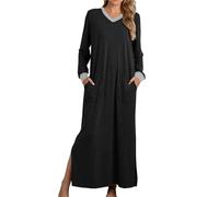 RTHLEQIEE Camicie da Notte Donna Manica Lunga Scollo a V - Pigiama Morbido e Ampio con 2 Tasche Laterali, Ideale per Una Notte Comoda(Black,M)