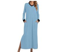 RTHLEQIEE Camicie da Notte Donna Manica Lunga Scollo a V - Pigiama Morbido e Ampio con 2 Tasche Laterali, Ideale per Una Notte Comoda(Light Blue,S)