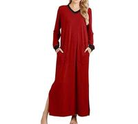 RTHLEQIEE Camicie da Notte Donna Manica Lunga Scollo a V - Pigiama Morbido e Ampio con 2 Tasche Laterali, Ideale per Una Notte Comoda(Red,XXL)
