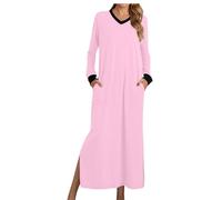 RTHLEQIEE Camicie da Notte Donna Manica Lunga Scollo a V - Pigiama Morbido e Ampio con 2 Tasche Laterali, Ideale per Una Notte Comoda(Pink,L)
