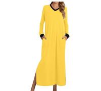 RTHLEQIEE Camicie da Notte Donna Manica Lunga Scollo a V - Pigiama Morbido e Ampio con 2 Tasche Laterali, Ideale per Una Notte Comoda(Yellow,M)