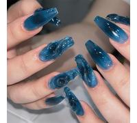 RTKHFZE Unghie finte a pressione, lunghe e lunghe, blu oceano, con design a strisce, effetto ombré, per l'inverno, regalo per vacanze/Natale, per donne