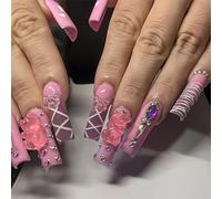 RTKHFZE Unghie finte a pressione, lunghe, quadrate, con sfumatura rosa, design 3D con orso e strass, unghie finte in acrilico a copertura completa, unghie finte da incollare per donne e ragazze
