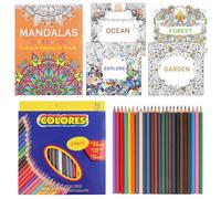 RtottiM 5 Libri da Colorare per Adulti e Set da 24 Matite Colorate, Rilassati e Liberati Dallo Stress, Allevia l'Ansia, Giardino Mandala e Foresta, Oceano, Giardino, Tema di Esplorazione