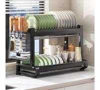 Rtyuioaz Scolapiatti a più livelli con portautensili, organizer per piano di lavoro della cucina con vassoio di scarico, scaffale salvaspazio per piatti (nero, 55,5 x 27 x 33,5 cm)