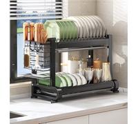 Rtyuioaz Scolapiatti a più livelli con portautensili, organizer per piano di lavoro della cucina con vassoio di scarico, scaffale salvaspazio per piatti (nero, 43 x 27 x 33,5 cm)