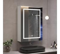 RTYUSWL Armadietto da bagno con specchio, con illuminazione, 50 x 14 x 70 cm, con LED, interruttore a sensore tattile, mobile da bagno, con porta singola, con specchio e ripiano, bianco