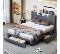 RTYUSWL Letto imbottito 140 x 200 cm, letto con materasso e rete a doghe, letto matrimoniale con illuminazione a LED e ricarica USB, 3 cassetti, letto idraulico per adulti e ragazzi
