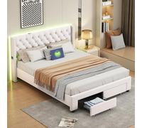 RTYUSWL Letto imbottito 160 x 200 cm, letto con materasso e rete a doghe, letto matrimoniale 160 x 200 cm, con LED e USB, letto matrimoniale con 2 cassetti, per adulti e ragazzi