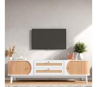 RTYUSWL Mobile TV in legno con 170 ripiani, in rattan, con 2 ante scorrevoli e 2 cassetti, consolle TV moderna con decorazione in rattan, mobile per console multimediale e TV (bianco e legno)