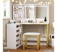 RTYUSWL Scrivania a forma di L con specchio e luci, grande mobile da trucco da 121,9 cm con 5 cassetti spaziosi, tavolo da trucco moderno con sgabello imbottito, scrivania angolare per camera da letto