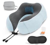 RUACDIQ Cuscino da Viaggio, Cuscino da Viaggio Memory Foam, Cuscino Cervicale da Viaggio con Maschera per Dormir, Tappi auricolari, Borsa, Perfetto per Aereo, Auto e Treno(Blu)