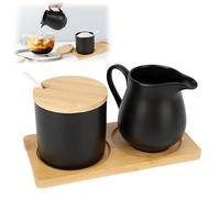 Ruaizel Set di Latte e Zucchero con Coperchio e Cucchiaio, brocca per Latte in Ceramica Bianca e zuccheriera con Vassoio in Legno, Lavabile in lavastoviglie e microonde (Nero)