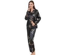 RuanMM Set pigiama da donna in raso setoso, a maniche lunghe, top e pantaloni da notte con bottoni, Multicolore-nero, S