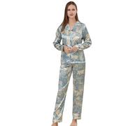 RuanMM Set pigiama da donna in raso setoso, a maniche lunghe, top e pantaloni da notte con bottoni, Multicolore-azzurro, L