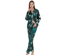 RuanMM Set pigiama da donna in raso setoso, a maniche lunghe, top e pantaloni da notte con bottoni, Multicolore - Natale, S